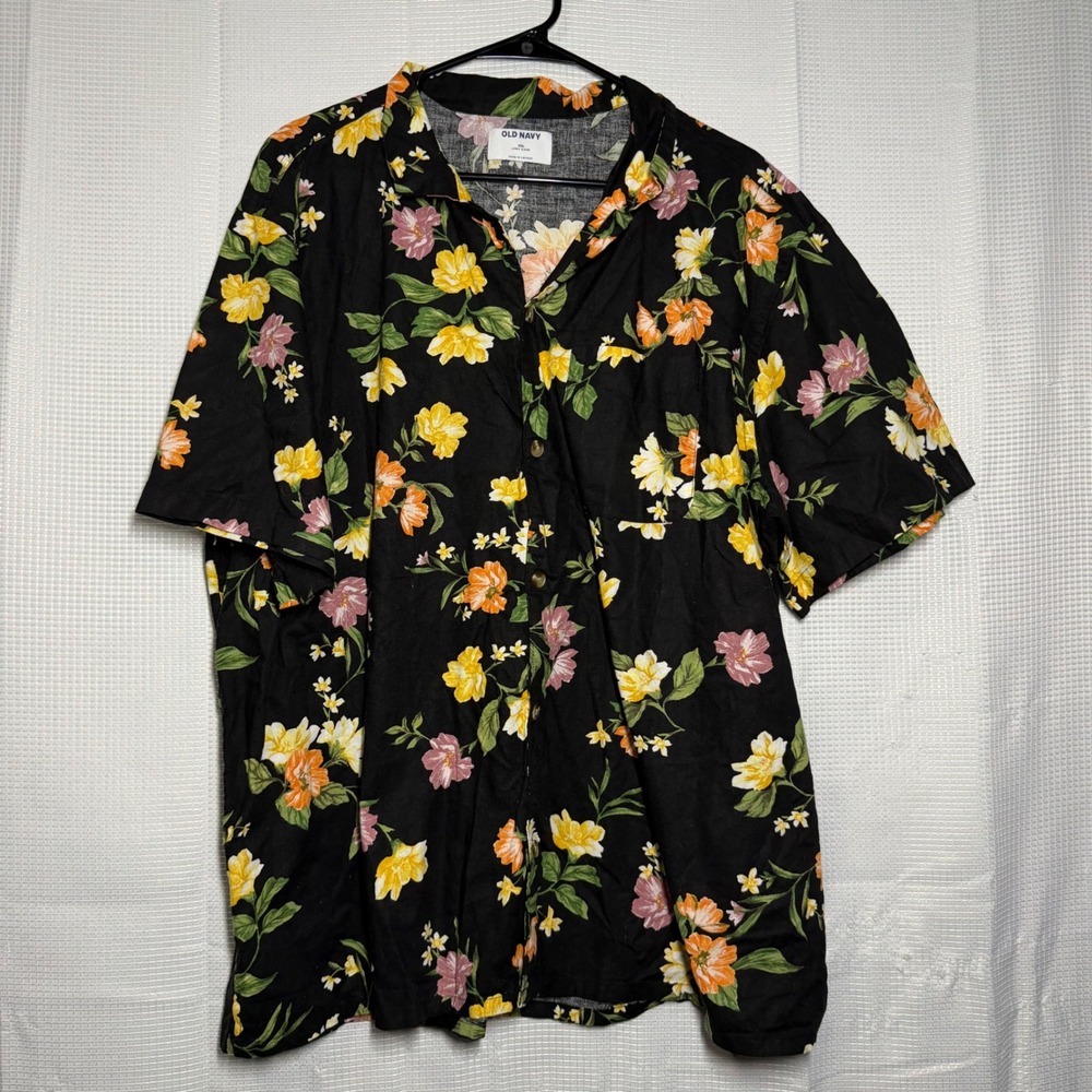 Old Navy Shirt XXL Linen Blend Floral Print Button Down Tropical Summer Casual